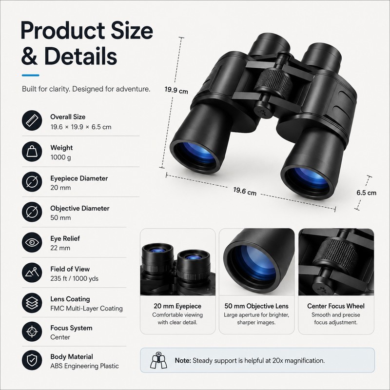 20×50 High-Power Binoculars with Central Focus – Long-Distance Outdoor Binoculars