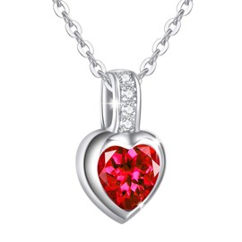 AGVANA Love Heart Birthstone Necklaces 925 Sterling Silver with White Gold Plated July Birthstone Created Red Ruby Fine Jewellery Birthday Gift for Women Girls, Length: 16 + 2 Inch