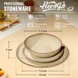 Herogo 12pcs Stoneware Dinnerware Sets for 4, Irregular Handmade Dinner Plates and Bowls, Kitchen Dining Dish Dishware Set, Microwave & Dishwasher Safe, Cream Khaki