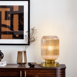 Mid Century Modern Table Lamp: Vintage Amber Ribbed Glass Globe Dimmable Plug in Small Bedside Lamps - Cute Brass Gold Side Table Lamp Nightstand Light for Bedroom Entryway Office Desk Living Room
