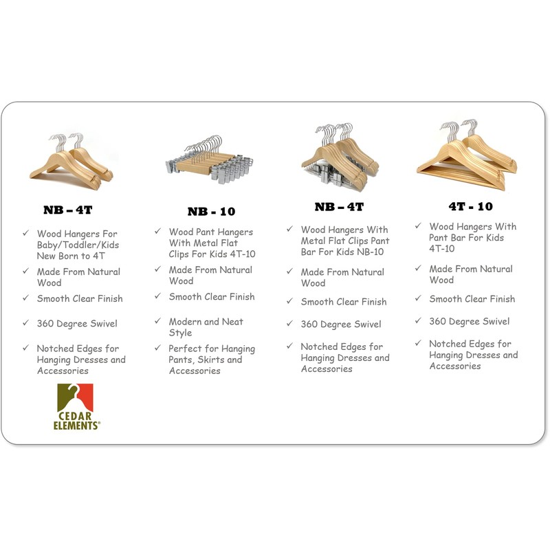 Kids Hangers with Metal Clips Pant Bar 4T-10 (Natural Wood)