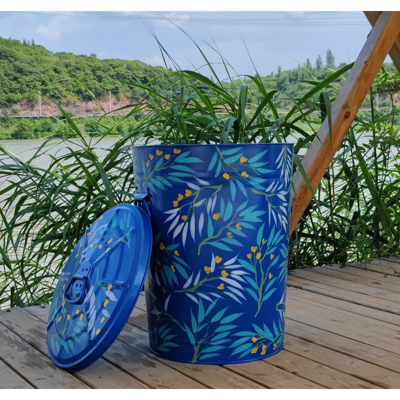 HOZUSO Hand Painted Metal Trash Can with Lid Recycling Canister