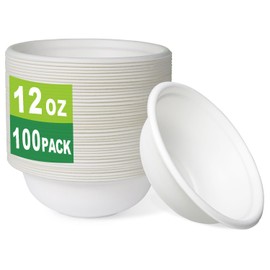 GreenWorks 100 Count 12 OZ Compostable Bowls, Biodegradable Bagasse and Bamboo fiber Paper Bowls