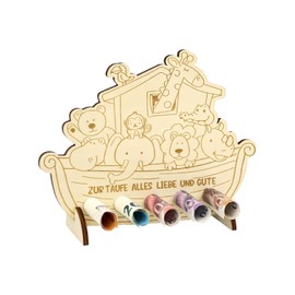QLEUIFT Money Gift for Christening - Noah's Ark Christening Gift Made of Wood - Christening Gifts for Girls and Boys - 20 x 16 cm - 5 Holes