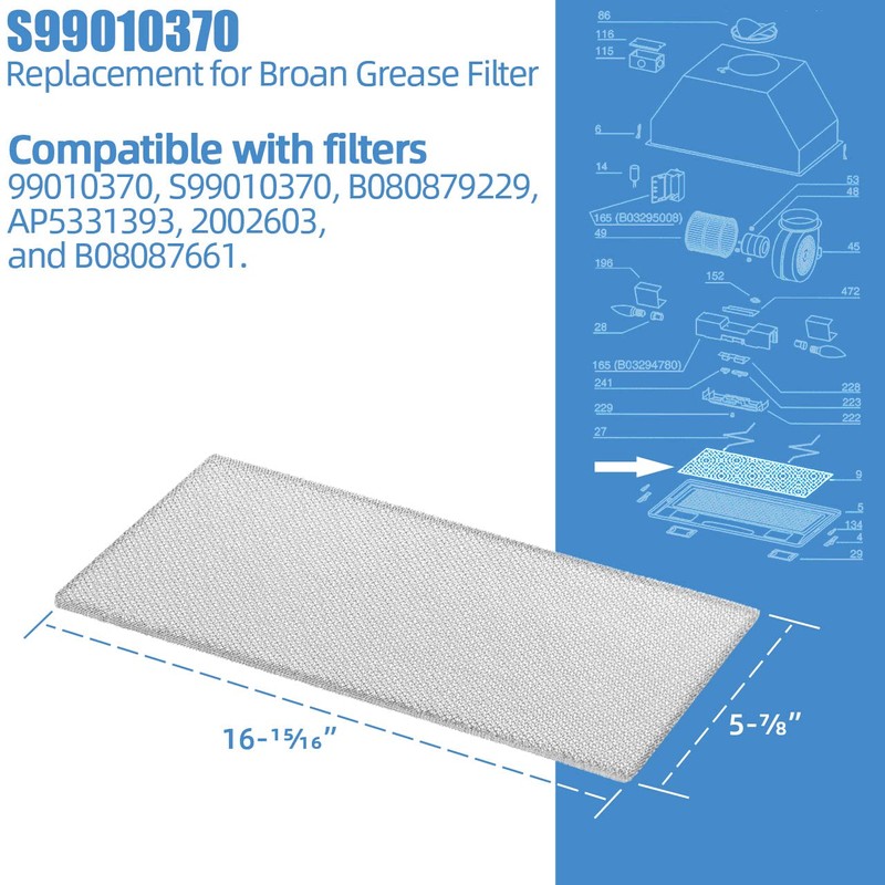 S99010370 Range Hood Grease Filter Replacement for Broan - PM250,
