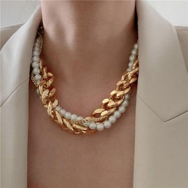 MJartoria Gold Layered Necklaces for Women Trendy Retro Pearl Necklace Gold Necklace Dainty Chunky Link Chain Choker Necklaces for Jewelry Birthday Gifts