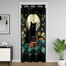 Cute Cat Door Curtain for Doorway Privacy,Flower Leaves Sliding Closet Door Curtains Starry Sky Moon Night Privacy Curtain Cover for Room Divider Trippy Pet Animals Plant Curtain,W42 X L80
