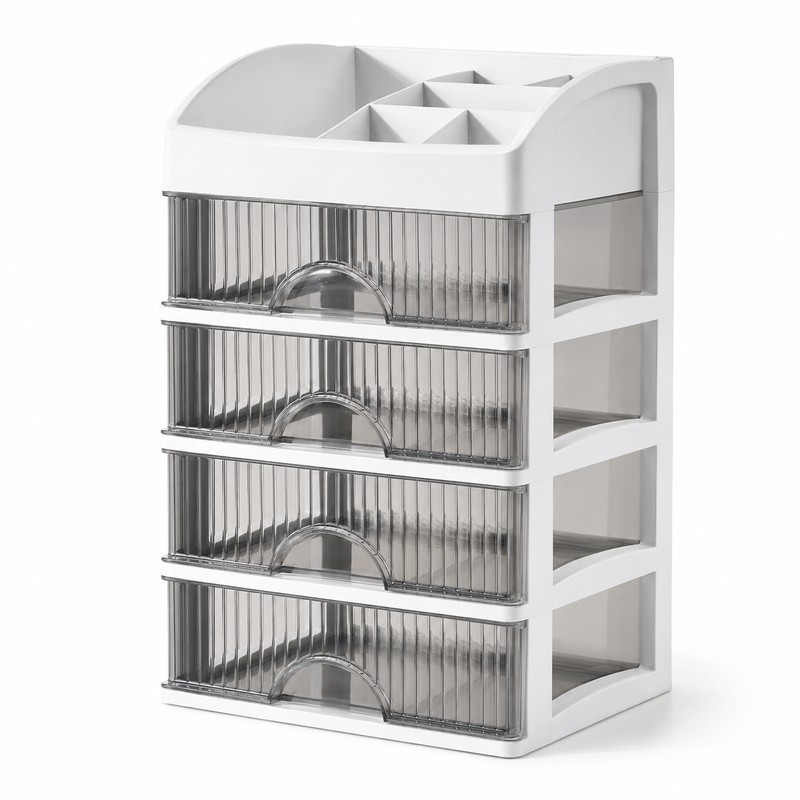 5-Layer Plastic Makeup Organizer with Clear Drawers, White