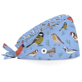 Bird Pattern Working Cap with Button Sweatband Bouffant Hats Adjustable Working Hat Surgical Cap Nurse Cap Elastic Bandage Tie Back Hats Scrub Caps for Women Men Long Hair
