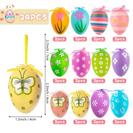 Easter Eggs for Hanging, Pack of 24 Colourful Easter Eggs Plastic, Easter Eggs with Ribbon, Easter Eggs for Hanging Outdoors, Easter Eggs Plastic with String, Easter Eggs Decoration, for Easter DIY