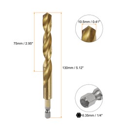 sourcing map 1/4" Hex Shank Twist Drill Bits 10.5mm Titanium Coated High Speed Steel Quick Change Hex Drilling Bit Jobber Drill Bits for Wood Plastic Metal, Gold