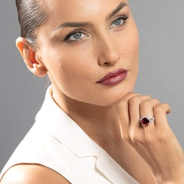 PEORA Created Ruby Signature Statement Ring for Women 925 Sterling Silver, Large 6.75 Carats Round Shape 11mm, Size 7, July Birthstone Ring, w/Jewelry Box, For Classy Gift & Everyday Wear