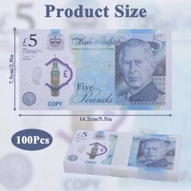 100 Pcs Movie Money, Prop Money, 100 Notes of King £5, Big Screen Stacks, Fake Pounds for Movies, Photography, Advertising, Display Props, Party, Fancy Dress, Education
