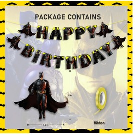 Btman Happy Birthday Banner – Birthday Decoration Superhero Happy Birthday Banner – Black and Yellow Comic Style Party Decoration for Boys, Hero-Themed Wall Garland for Kids Birthday or Event Backdrop