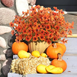 SOMYTING Artificial Azalea Flowers Outdoor 8 Bundles Fake Flowers Faux Plastic Eucalyptus Plants UV Resistant Silk Flower Shrubs for Garden Porch Window Thanksgiving Fall Decor (Orange, 8PCS)