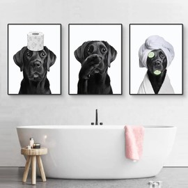 Uixxducc Pack of 3 Posters Bathroom Pictures Bathroom Decoration Pictures without Frame Funny Dog Wall Decoration Picture Toilet Decoration Black White Wall Pictures (30 x 40 cm)
