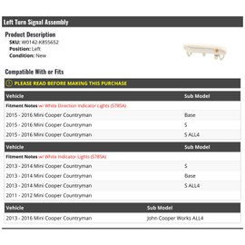 Marketplace Auto Parts Left Driver Side Turn Signal Assembly - Compatible with 2011-2016 Mini Cooper Countryman