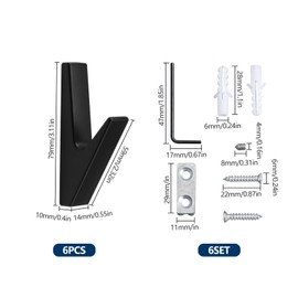 JINTANG Set of 6 coat hooks, black matt, coat hooks, acoustic panels, black, zinc alloy coat hooks, coat hooks, wall hooks, coat hooks for bathrooms, kitchens, foyers and hallways