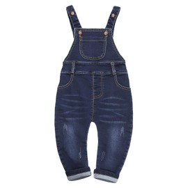 KIDSCOOL SPACE Baby Ripped Jean Overalls,Toddler Soft Denim Jumper Pants,Deep Blue,18-24 Months