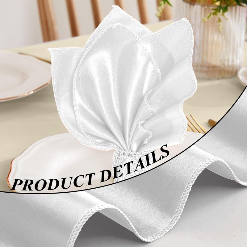 6 White Cloth Napkins, Satin Cloth Napkins, Table Decoration, Reusable