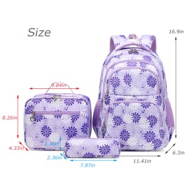 ZHIERNA Daisy Printed Backpacks for Girls with Lunch Bag Pencil Case 3pcs Set, Lightweight Elementary Bookbags for Teen Girls（Purple）