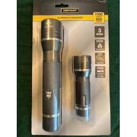 DEFIANT 1100 Lumens and 650 Lumens Alkaline Battery LED Powered Flashlight 2pk