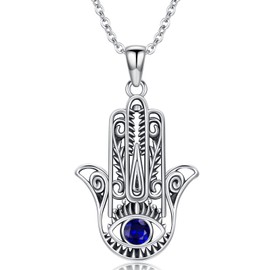 Qyvit Hamsa Necklace 925 Sterling Silve Blue Evil Eye Hamsa Hand Pendant Protection Third Eye Necklace Evil Eye Necklace Hamsa Hand Jewelry Gifts for Women
