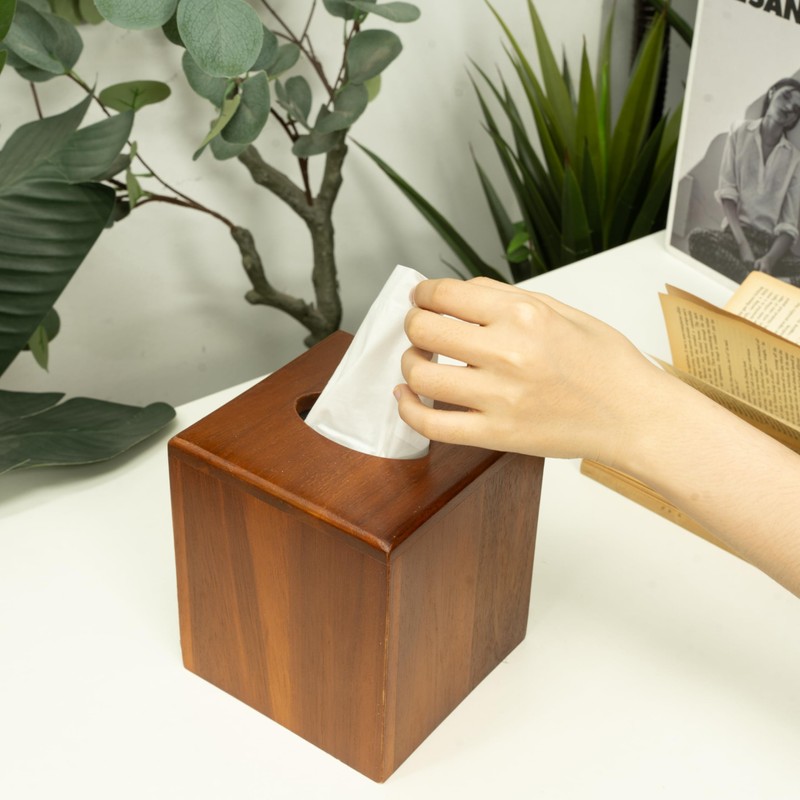 KOLWOVEN Acacia Wood Square Tissue Box Holder - Farmhouse Style,