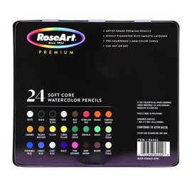 RoseArt Premium 24ct Soft Core Watercolor Pencils – Art Supplies for Drawing, Sketching, Adult Coloring in Design Storage Tin, multi (84402)