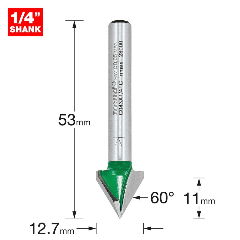 Trend CraftPro Chamfer Router Cutter Bit, 1/4 Inch Shank, 12.7mm