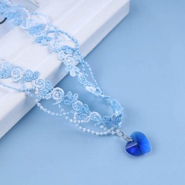 Inateannal Boho Lace Choker Necklace Short Sapphire Heart Pendant Necklace Blue Heart Crystal Necklace Vintage Lace Flower Necklace Jewellery for Women and Girls