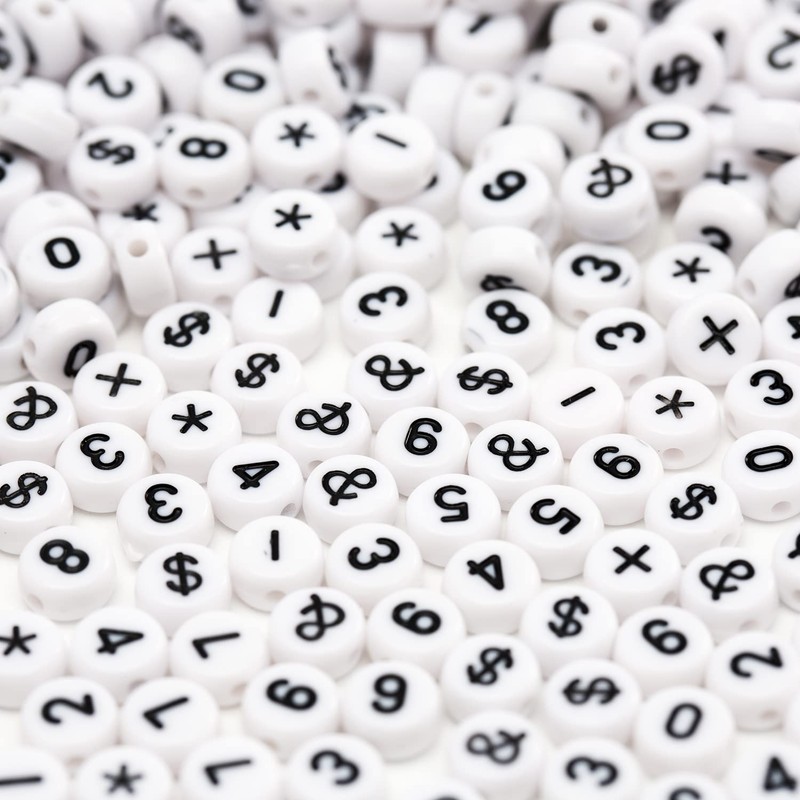 500 Pcs Acrylic Number Symbol Beads White Background Black Numbers