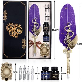 AIYNC Quill Pen Ink Set, Feather Pen Ink Set, Fountain Dip Pen Calligraphy Pen Set for Writing, Writing Letters,Signing Invitations,Christmas Gift for Handwriting Lovers Birthday Gift(Purple)