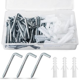 GZLCEU Pack of 50 L Screw Hooks, Carbon Steel Galvanised Hook Screws with 50 Dowels for Walls, Wooden Construction, Hanging Heavy Items (3.8 x 50 mm)