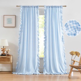 ZJDECOR Baby Blue Buffalo Plaid Ruffle Curtain Panels 95 Inches Length,Rustic Crinkled Not-See-Through Sheer Drapes,Shabby Chic Window Treatment for Bedroom Living Room,Rod Pocket,40"Wx95"L,Pack of 2