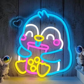 Vveikea Penguin Bubble Tea Neon Sign Dimmable Boba Tea Led Sign Milk Tea Neon Light Sign Bubble Light Up Signs for Wall Decor Cafe Coffee Bar Drink Shop Dessert Store