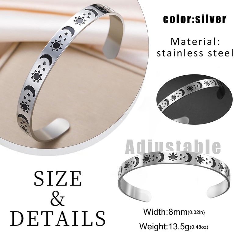 SIPURIS Sun Moon and Star Bracelet Stainless Steel Bangle Solar