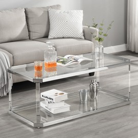 MINPINSER Glass Coffee Table, Clear Coffee Table with 2 Tiers, Acrylic Leg, Chrome Frame, Rectangular Center Table for Living Room