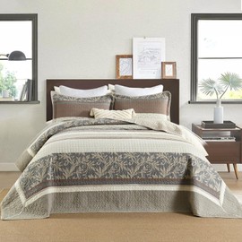 QuiltMuse Farmhouse Bedspread King Size 120"x120" - 100% Cotton Lightweight Oversized Quilt with 2 Pillowshams, Botanical Striped Quilted Bedding Cover Coverlet, Grey/Brown