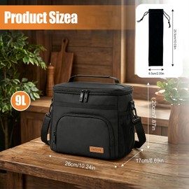 Insulated Lunch Box for Men Women, 9L Leak Cooler Bags with Adjustable Shoulder Straps & Tableware Pouch, Multi-Pockets Pack Lunch Bag Reusable Picnic Cooler Bag for Work Office Picnic Travel, Black
