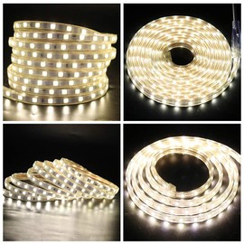 GQL 2m Dimmable LED Strip Mains Powered, Warm White SMD 5050 60leds/m IP65 Waterproof Commercial Rope Light with UK Plug, DIY Indoor Outside Decor Ribbon Lighting
