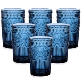 ZMOWIPDL Vintage Glassware Drinking Glasses Set of 6,13 oz Blue Textured Flower Design Glass Water Tumblers，Embossed Striped Drinkware for Water,Cocktails,Juice,Iced Coffee