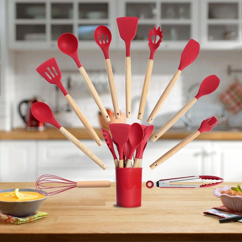 Kitchen Utensils set 12pcs Cookware gadgets with holder Silicone Wood