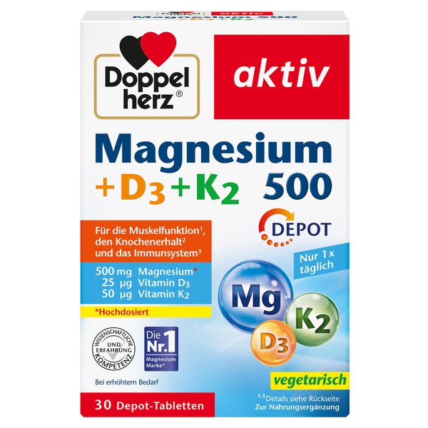Doppelherz Magnesium 500+D+K2 Depot - High Dose and Vegetarian - 30 Tablets