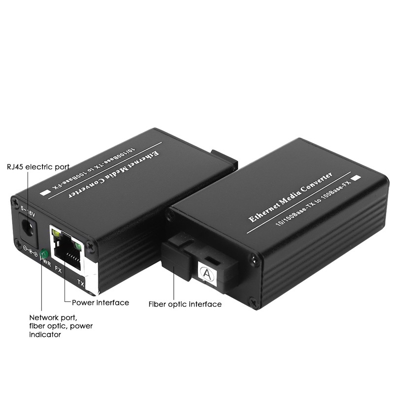 2Pcs Media Converter Single Mode SC Interface 20KM 10/100Mbps 100-240VAC
