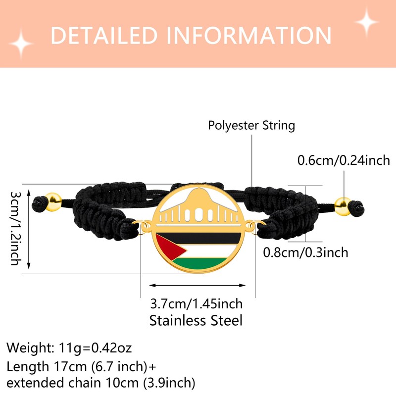 JunyiDIY Gold Al-Aqsa Mosque Palestinian Flag Faith Bracelet, Black Woven