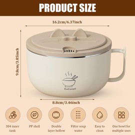 Ramen Bowl Set Noodle Bowls with Lid and Handles, Stainless-Steel Bowls with Drain Hole, Multifunctional Bowl Sets, BPA Free and Dishwasher Safe for Office College Dorm Room Instant Cooking