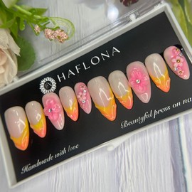 -Press -on -Nail Handmade 3D Gel Flowers with Rhinestones -Fake Nails, False Tip For Women Girls Full Cover Short & Medium Almond Nails, Quick & Easy (Yellow Pink 3D Flower 9#, Size M)