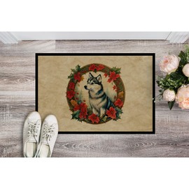 Caroline's Treasures DAC2298MAT Alaskan Klee Kai Christmas Flowers Doormat Front Door Mat Indoor Outdoor Rugs for Entryway, Non Slip Washable Low Pile, 18H X 27W