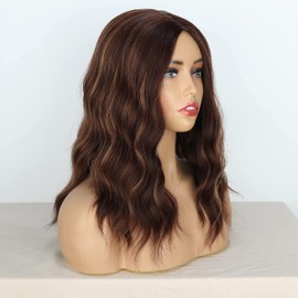 PORSMEER Natural Looking Wavy Curly Bob Hair Wigs for Women Shoulder Length Brown Mixed Blonde Highlights Full Wigs with Middle Part for Daily Use or Cosplay Party